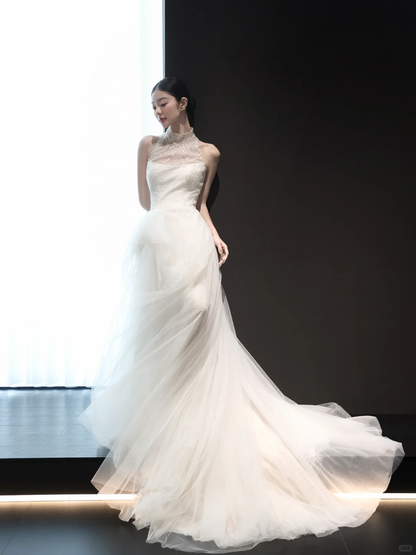 White halterneck slim waist sexy long dress bridal gown R6040