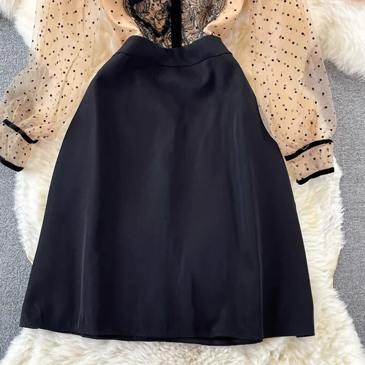 Autumn Bowknot Stand Collar Polka Dot Lace A Line Dress      S4939