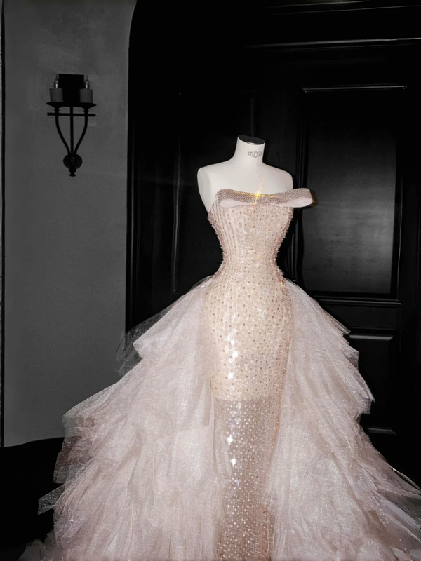 Pink sequined tube top sexy long skirt with waist, prom dress R5664