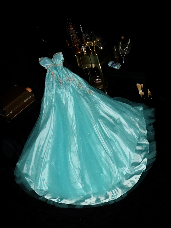 Lake blue strapless rhinestone-embellished long ball gown R6898