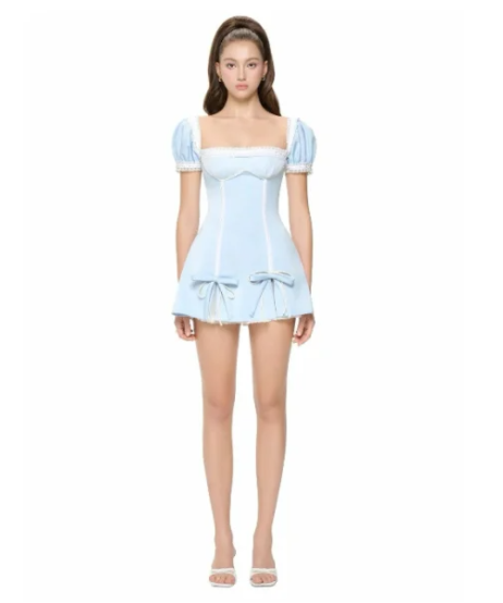 Light blue puff sleeves, slim waist, A-line cute mini skirt, homecoming dress R4805