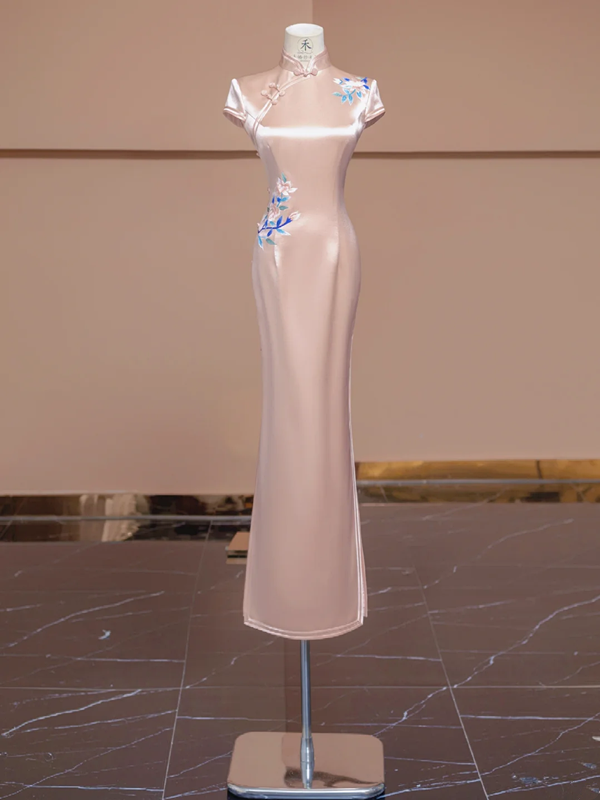 Light pink satin fitted Chinese retro ball gown, bridal dress R8289