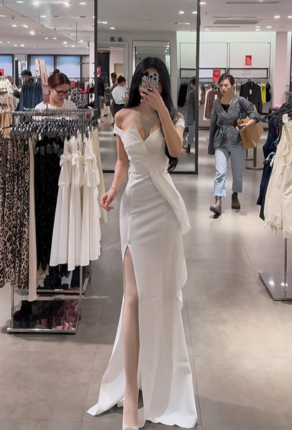 White off-the-shoulder waist-cinching slim-fit bodycon sexy slit-hem prom dress R7925