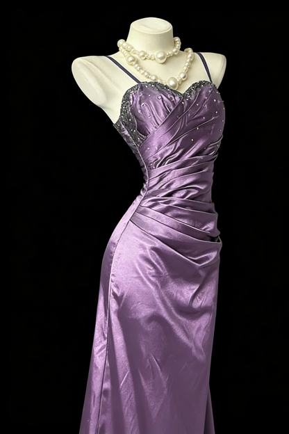 Elegant Spaghetti Straps Lavender Beaded Satin Pleated Mermaid Long Prom Dress Birthday Party Dress SP1752