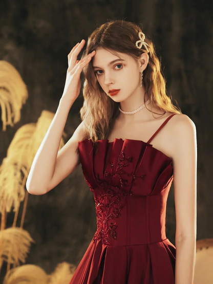 Wine Red Satin Beaded Straps Prom Dress Evening Dress, Wine Red A-line Formal Dress  fg8739