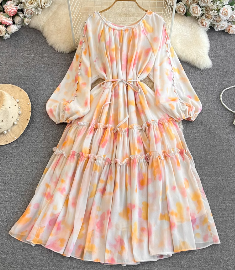 Gentle style lady temperament long sleeve low round neck waist medium length A-line printed dress R0392