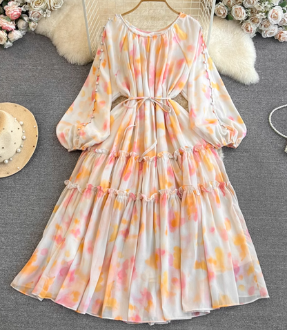 Gentle style lady temperament long sleeve low round neck waist medium length A-line printed dress R0392