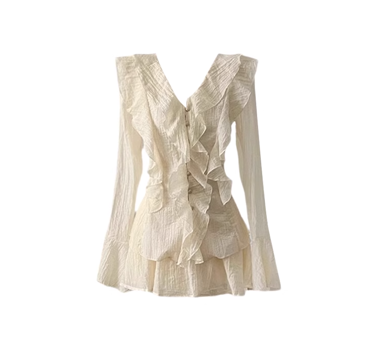 Autumn Korean style sweet long-sleeved shirt suit French style high waist skirt two-piece suit R0061
