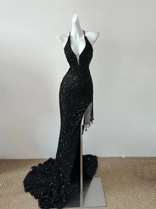 Black Sequins Mermaid High Low Lace-up Party Dress, Black Sequins Formal Dress