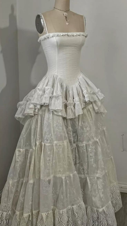 Retro Spaghetti Straps A-Line Lace Ruffles Vintage Wedding Dress Eveing Dress, D862