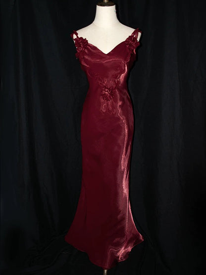 Wine Red Satin V-neckline Straps Party Dress Evening Dress, Wine Red Satin Prom Dress