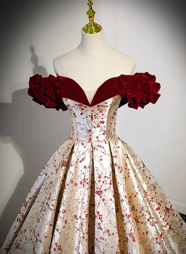 Lovely Satin Floral Off Shoulder Party Dress, Satin A-line Prom Dress Evening Dress