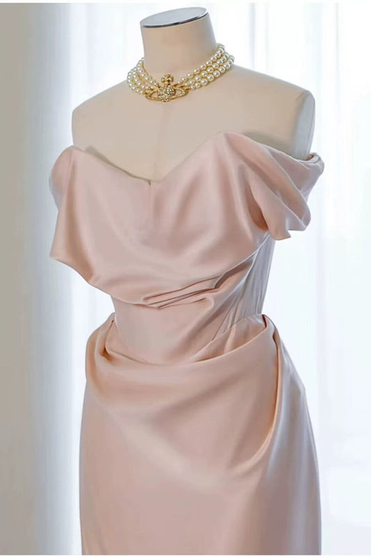 Pink Chic Satin Off Shoulder Long Party Dress, Pink Satin Evening Dress Prom Dress