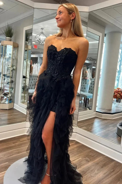 Strapless Black Tulle Ruffle  Prom Dress, Black Tulle Long Party Dress with Slit
