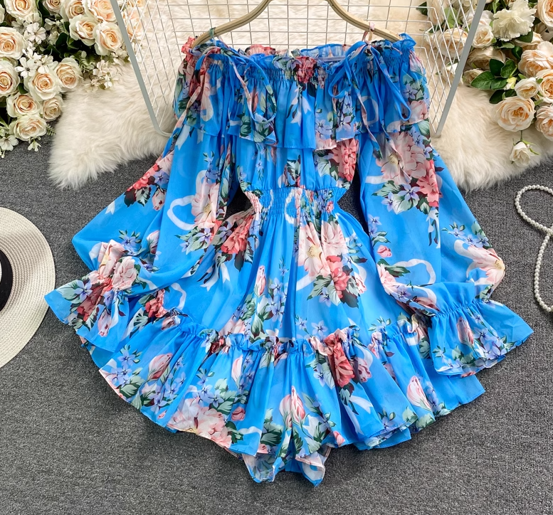 Holiday one-shoulder off-shoulder printed chiffon jumpsuit skirt super fairy wide-leg pants jumpsuit R0380