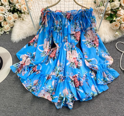 Holiday one-shoulder off-shoulder printed chiffon jumpsuit skirt super fairy wide-leg pants jumpsuit R0380