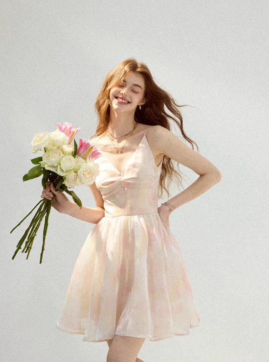 Cherry Blossom Floral Dress French Suspender Dress Holiday Outfit Short Skirt Women Summer R3424