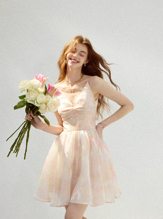 Cherry Blossom Floral Dress French Suspender Dress Holiday Outfit Short Skirt Women Summer R3424