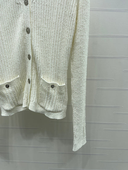 Chanel 2026 V-neck Knit Cardigan White and Black Wool Viscose