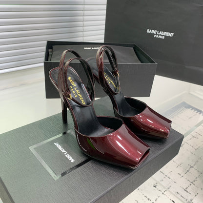 SL FISH MOUTH SANDAL PUMP BERRY POLISHED CALFSKIN