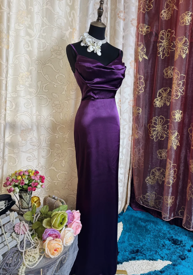 Stylish Spaghetti Straps Purple Satin Mermaid Long Evening Dress Birthday Dress SP1890