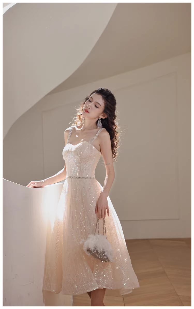 Elegant Light Champagne Tulle Sequin Beaded A Line Mid Length Birthday Prom Dress Evening Gown