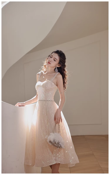 Elegant Light Champagne Tulle Sequin Beaded A Line Mid Length Birthday Prom Dress Evening Gown