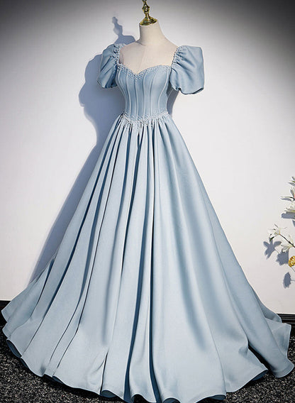 Blue Beaded Short Sleeves Long Party Dress, A-line Blue Satin Formal Dress