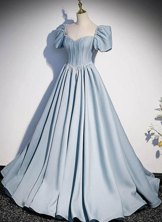 Blue Beaded Short Sleeves Long Party Dress, A-line Blue Satin Formal Dress