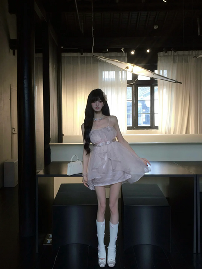 Pink tube top waist slim irregular tulle skirt homecoming dress R5087