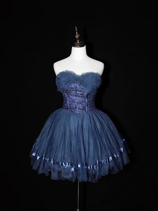 Navy blue strapless short ball gown with a cinched waist; bridal gown R7292