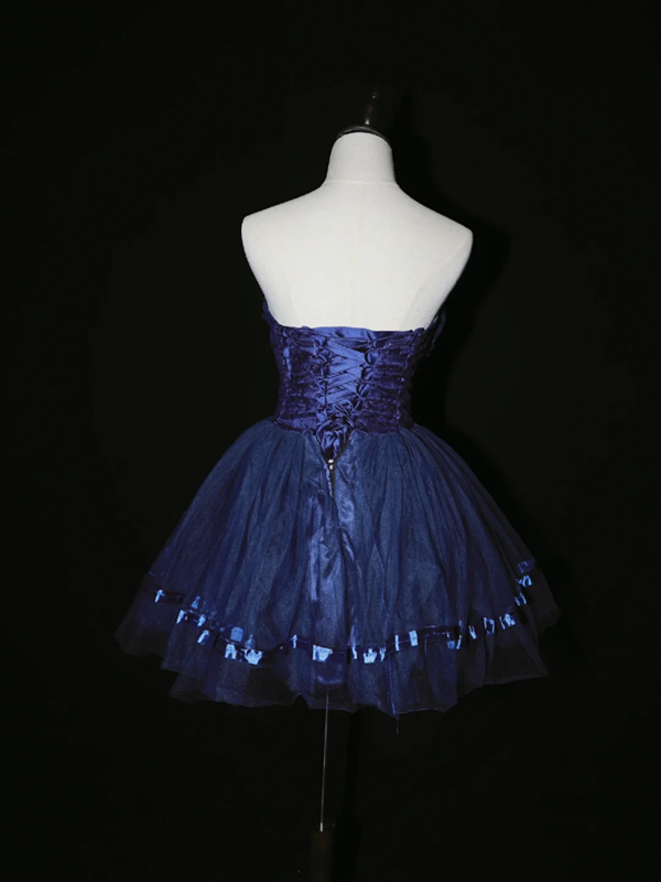 Navy blue strapless short ball gown with a cinched waist; bridal gown R7292