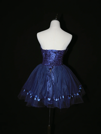 Navy blue strapless short ball gown with a cinched waist; bridal gown R7292