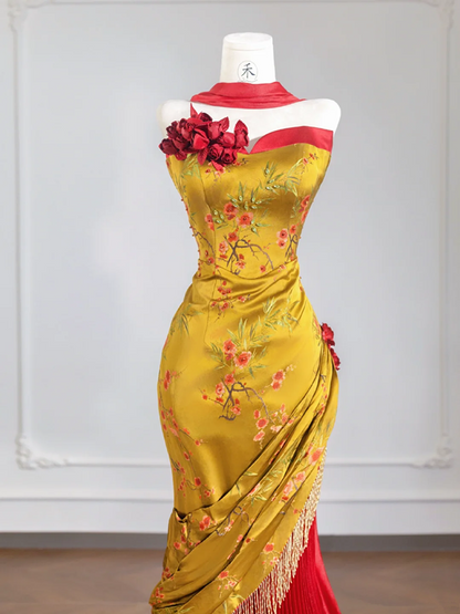 Yellow and red embellished strapless waist-cinching long classic ball gown/bridal dress R8240