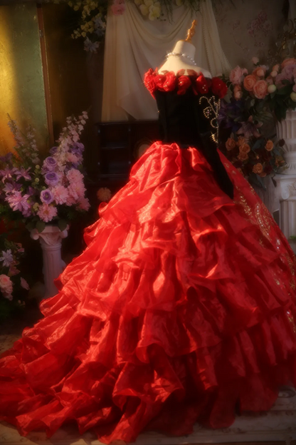 Red off-shoulder retro fitted waist ball gown/bridal dress R7272
