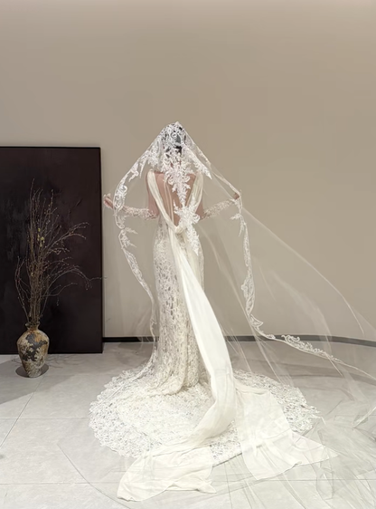 White sleeveless V-neck lace waist slim fishtail sexy long dress bridal gown R6061