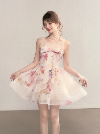 Pink floral sleeveless slim waist A-line short skirt homecoming dress R5408