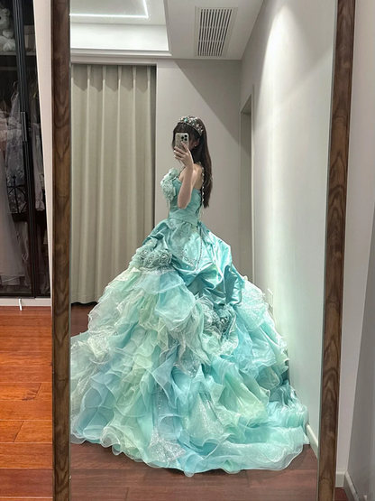 Blue-green strapless fitted waist slim-fitting ball gown with a full skirt R8623