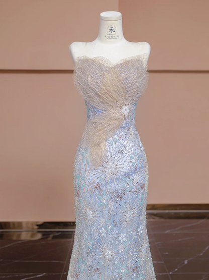 Light blue strapless, fitted, bodycon, sexy long rhinestone ball gown R8290