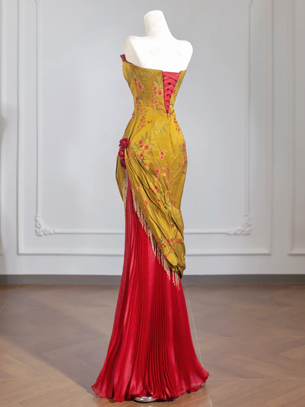 Yellow and red embellished strapless waist-cinching long classic ball gown/bridal dress R8240