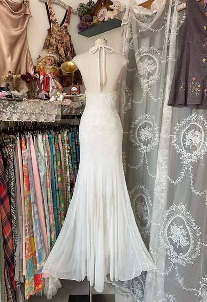 White halter neck slim waist hip fishtail sexy long ball gown R6221