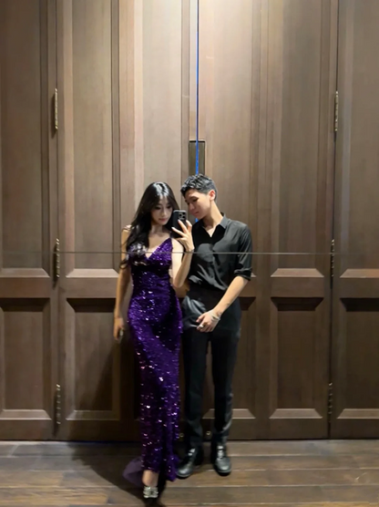 Purple sequined halter-neck fitted long ball gown R7059