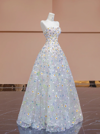 Light blue strapless fitted bodice with floral skirt, ball gown/bridal dress R8347