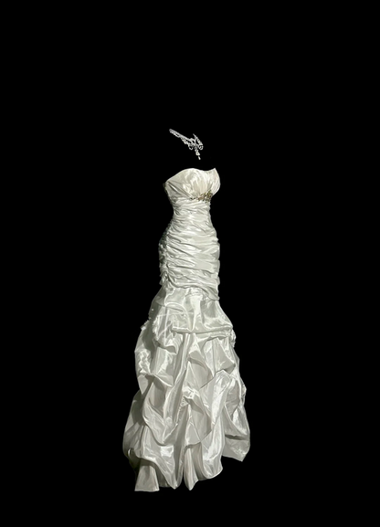 White strapless, fitted waist, pleated, full skirt, long ball gown R6660