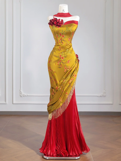 Yellow and red embellished strapless waist-cinching long classic ball gown/bridal dress R8240