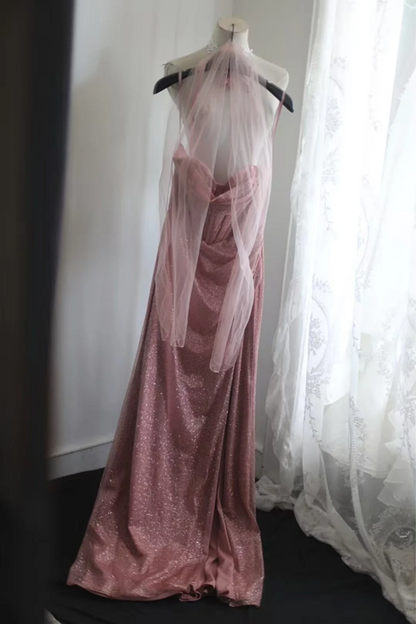 Pink sequined halter-neck fitted long ball gown R6779
