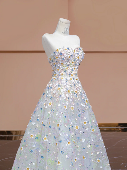 Light blue strapless fitted bodice with floral skirt, ball gown/bridal dress R8347