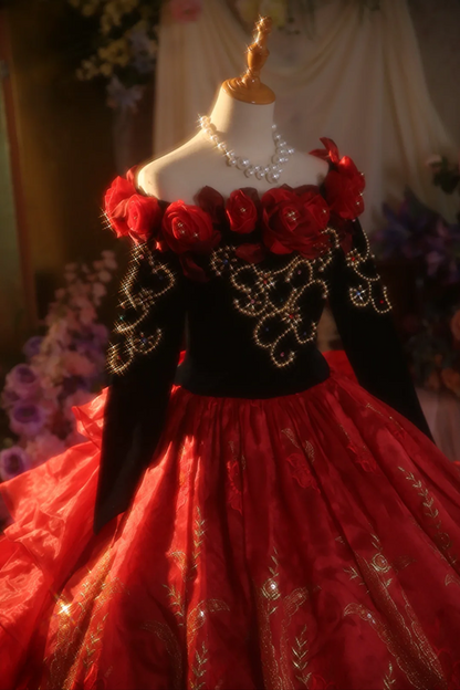 Red off-shoulder retro fitted waist ball gown/bridal dress R7272