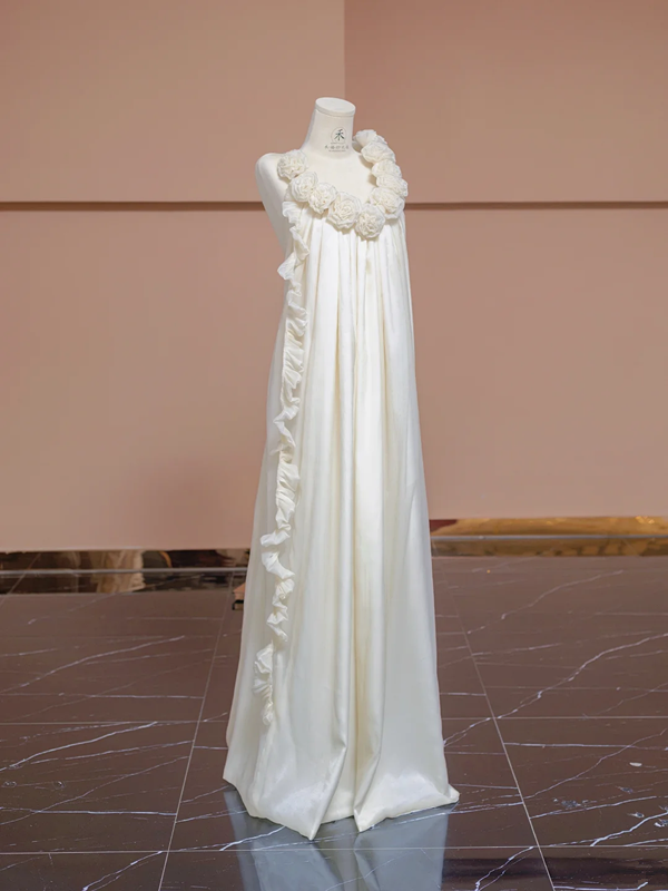 Off-white halter-neck straight long ball gown, bridal dress R8318