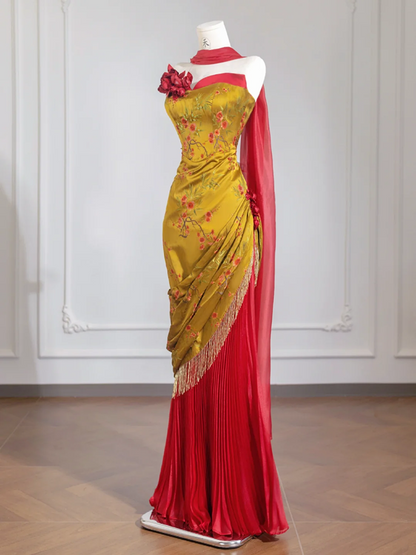 Yellow and red embellished strapless waist-cinching long classic ball gown/bridal dress R8240